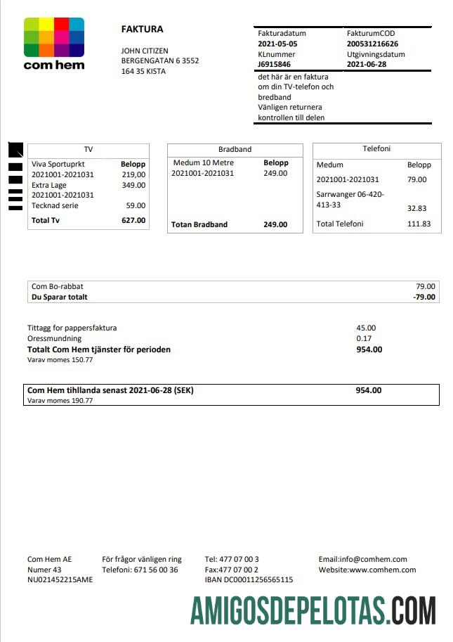 Para baixar modelo de conta de serviços públicos da Suécia Com Hem em formato Word e PDF